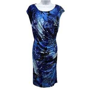 Connected Apparel Midi Dress Women 16 Blue Black Tropical Sheath Stretch Pull On